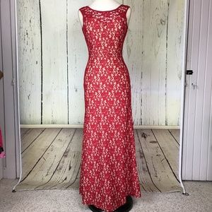 Red Lace Illusion Floor Length Dress NWT